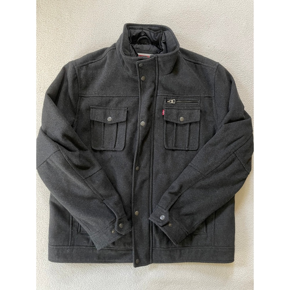 Levi's Mens XL Field Jacket Charcoal Grey Quilted Bib Wool Blend Military Bomber